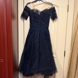 Oscar de la Renta Navy Leaf Pattern Dress